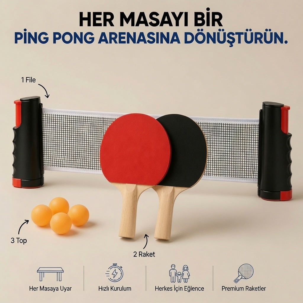 Smart Pong™ Ayarlanabilir Masa Tenisi Seti | Her Masayı Oyun Alanına Çevir